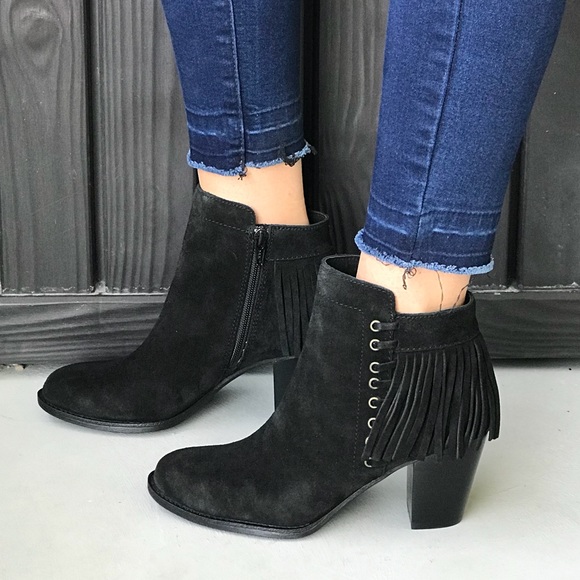 Suede Back Fringe Block Heel Booties